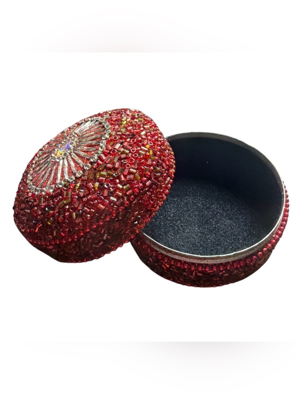 Beaded Red Embellished Metal Round Jewelry Box NWOT - Picture 2 of 3